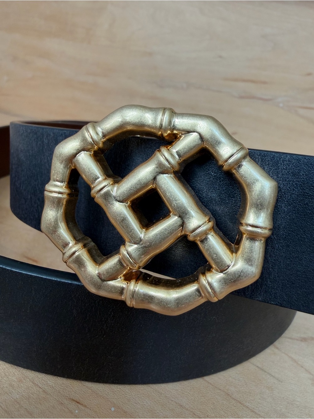 J.McLaughlin Ruby Reversible Leather Belt Black Brown Gold Bamboo Buckle Size M - Picture 7 of 11